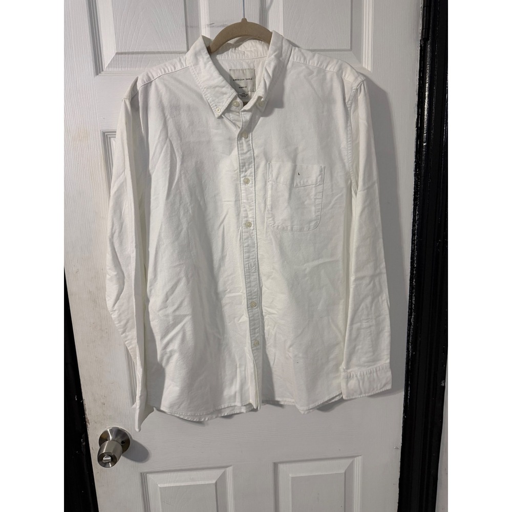 American Eagle Mens Classic Fit White Long Sleeve Button Down Oxford Shirt Large